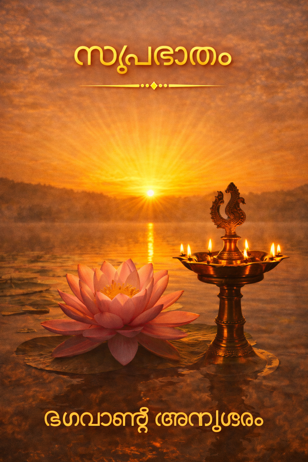 Suprabhatham Malayalam good morning — lotus blooming at sunrise with traditional brass lamp, God's Grace text — vertical WhatsApp image